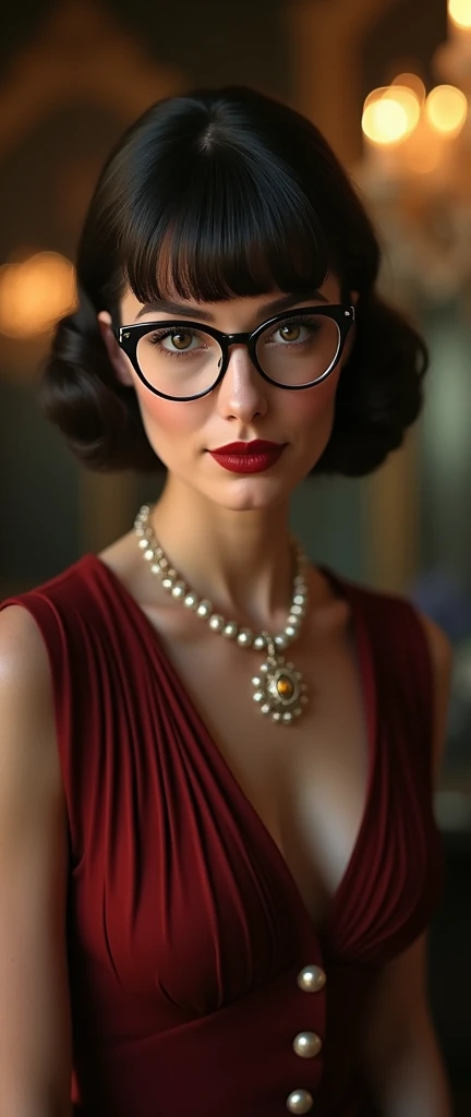 a sophisticated 1940s english trophy wife, beautiful elegant woman in formal dress with bangs hairstyle, in a 1940s indoor house setting, graceful formal posture, wearing glasses, (best quality,4k,8k,highres,masterpiece:1.2),ultra-detailed,(realistic,photorealistic,photo-realistic:1.37),HDR,UHD,studio lighting,ultra-fine painting,sharp focus,physically-based rendering,extreme detail description,professional,vivid colors,bokeh,portraits,chiaroscuro,cinematic lighting,dramatic colors,moody,atmospheric
