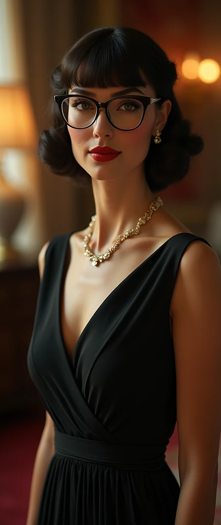 a sophisticated 1940s english trophy wife, beautiful elegant woman in formal dress with bangs hairstyle, in a 1940s indoor house setting, graceful formal posture, wearing glasses, (best quality,4k,8k,highres,masterpiece:1.2),ultra-detailed,(realistic,photorealistic,photo-realistic:1.37),HDR,UHD,studio lighting,ultra-fine painting,sharp focus,physically-based rendering,extreme detail description,professional,vivid colors,bokeh,portraits,chiaroscuro,cinematic lighting,dramatic colors,moody,atmospheric