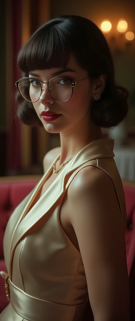 a sophisticated 1940s english trophy wife, beautiful elegant woman in formal dress with bangs hairstyle, in a 1940s indoor house setting, graceful formal posture, wearing glasses, (best quality,4k,8k,highres,masterpiece:1.2),ultra-detailed,(realistic,photorealistic,photo-realistic:1.37),HDR,UHD,studio lighting,ultra-fine painting,sharp focus,physically-based rendering,extreme detail description,professional,vivid colors,bokeh,portraits,chiaroscuro,cinematic lighting,dramatic colors,moody,atmospheric