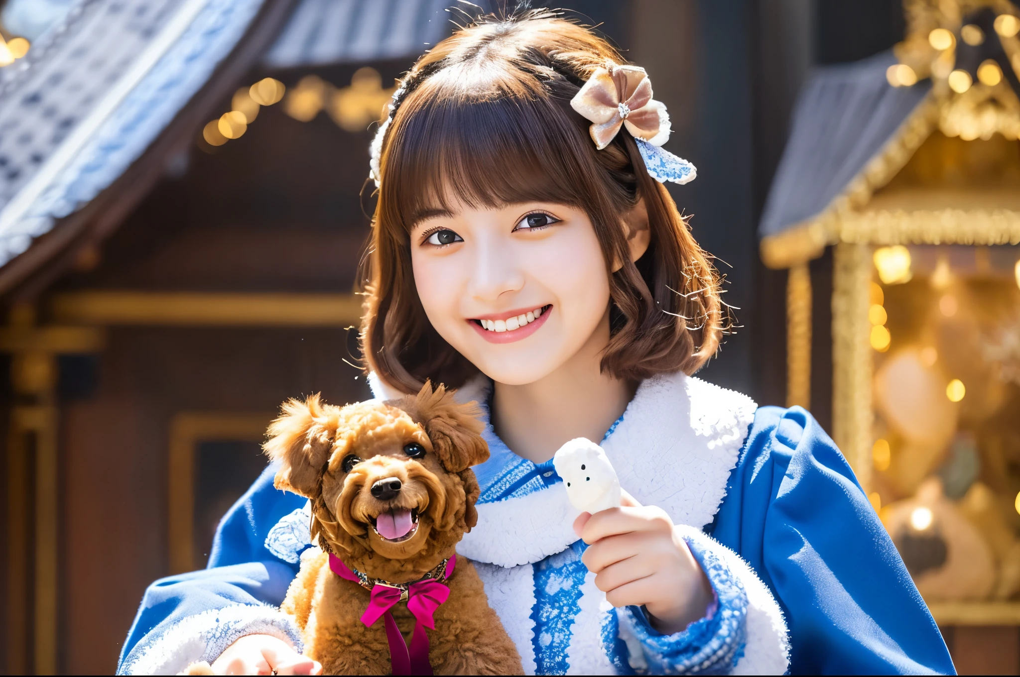 Highest quality　masterpiece　detailed　A very cute girl is smiling and holding a toy poodle　Photo style　Fantasy