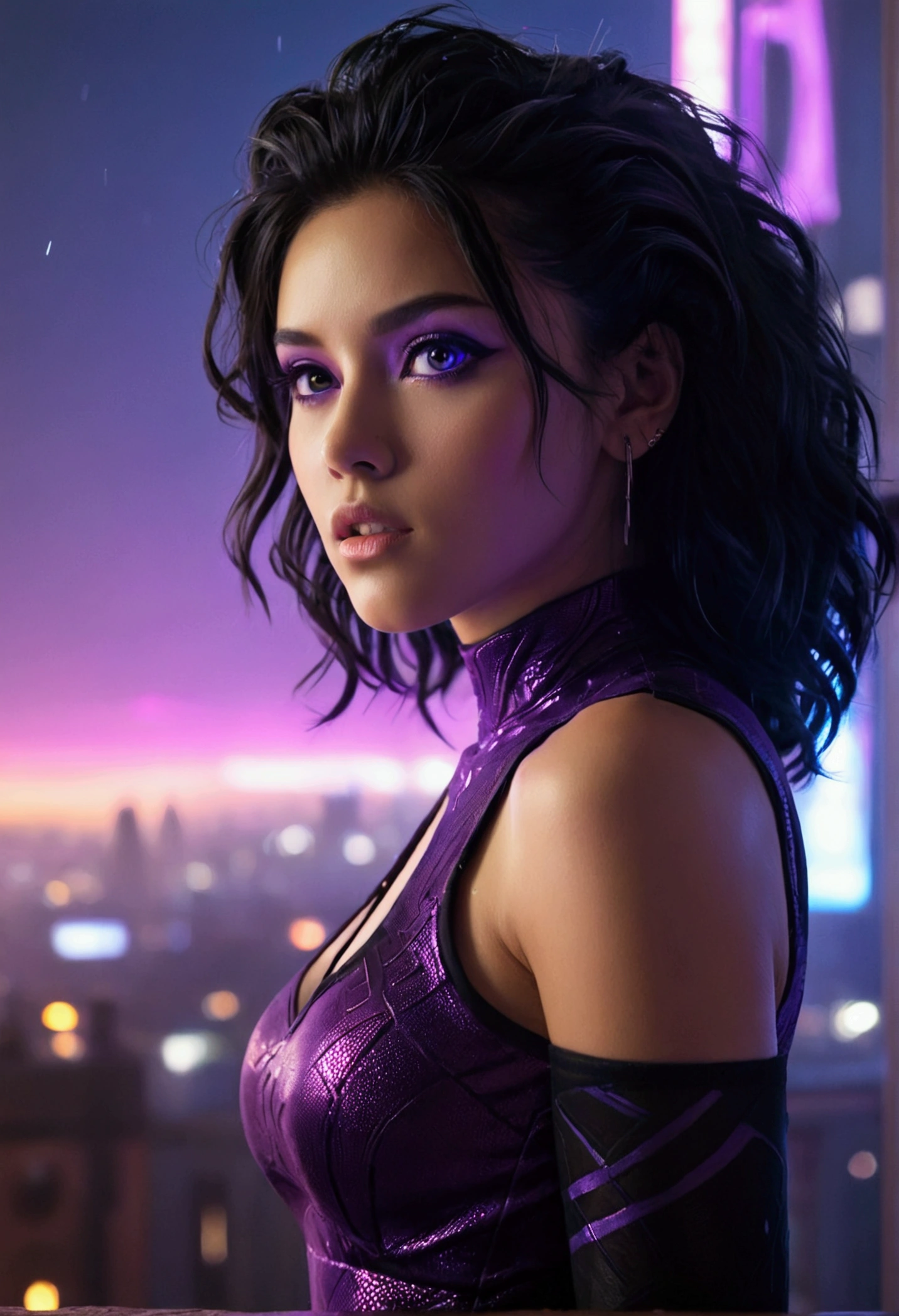 A cyberpunk-inspired portrait of a young woman with flowing black hair, wearing a neon purple top and futuristic leggings. Her eyes are piercing and intense, reflecting the vibrant city lights behind her. The image is captured in a soft-focus style, reminiscent of iconic album covers, with a warm, amber glow illuminating her features. The overall aesthetic is exotic and captivating, with a touch of Luke Fildes' Victorian realism. Use a cinematic lighting setup, with a single, powerful light source creating dramatic shadows and highlights. Aspect ratio 1:2, stylize 750, Midjourney v6