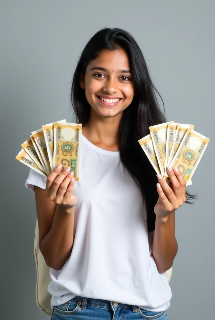 The image shows a young beautiful Indian girl with clear eyes with a big smile on his face, holding a bunch of money in her right hand. She is wearing a white t-shirt, and blue jeans and long black shiny hairs. She has a white backpack slung over her shoulder and is standing against a grey background. The girl appears to be happy and confident, with a slight smile on one hand and a slight frown on her lips. The money in the her left and right hand is a mix of clear Indian 200 rupees bills, and she is holding it up in the air with both hands