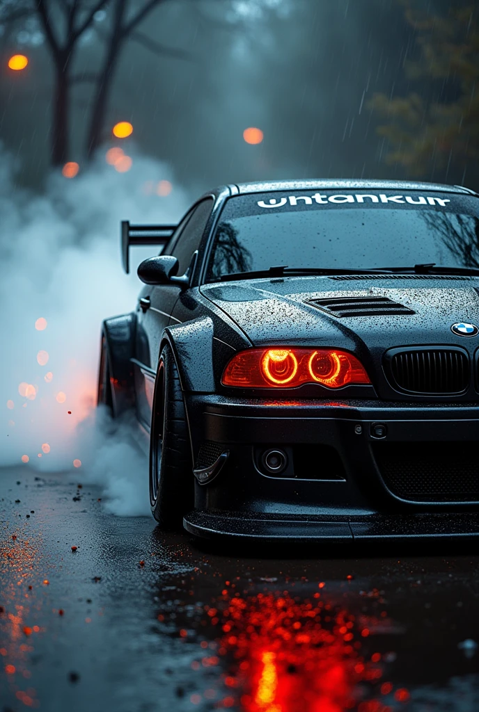 A close-up shot of an old BMW M3 GTR E46 drifting sideways, leaving a trail of smoke and sparks on a rainy night rear view and showing full car with matte black color with carbon fiber hood and spoiler