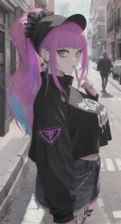 Beautiful, thick juicy, goth girlfriend, Holo punk hairstyle, streets , POV,