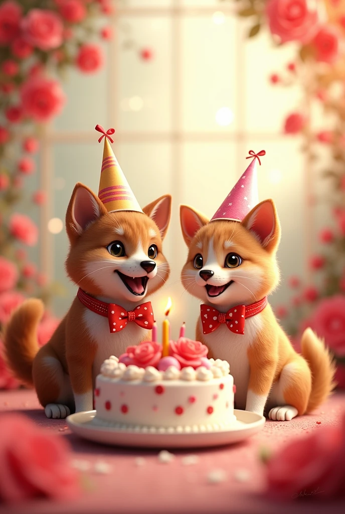 Birthday Cake, red flowers in background, a cat and dog couple celebrate