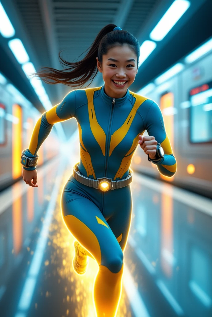 Chinese japan women average age wear jumpsuit high tech(( blue yellow)) age 15. high tech belt. ))Running effect. flat chest. Glowing yellow power.((wear jacket blue))short girl. Runfast effect. saggy breast open zip.. Wear blue big glasses big frame.running speed of light . latex suit. big tight. running athlete.pontytail hair. Braces teeth. train rail .Bokeh background. Panning effect. Yellow high tech watch. a beautiful young chinese women, , wearing a high-tech blue and yellow very tight jumpsuit. wear jacket bomber jacket blue yellow, venus body type.. unning with style pose . ,floating water pallet, photorealistic.(( fast train effect))detailed facial features, long hair, elegant pose, dynamic lighting. glowing body yellow lightning effect, 8k, award-winning digital art, intricate details, vibrant colors, cinematic composition. very fasr run, highly detailed. light trail effect. speed of light. froze time effect. at the city.run water . spash water. the girl run fast on wet road. background speed of light((.knee cover ))
