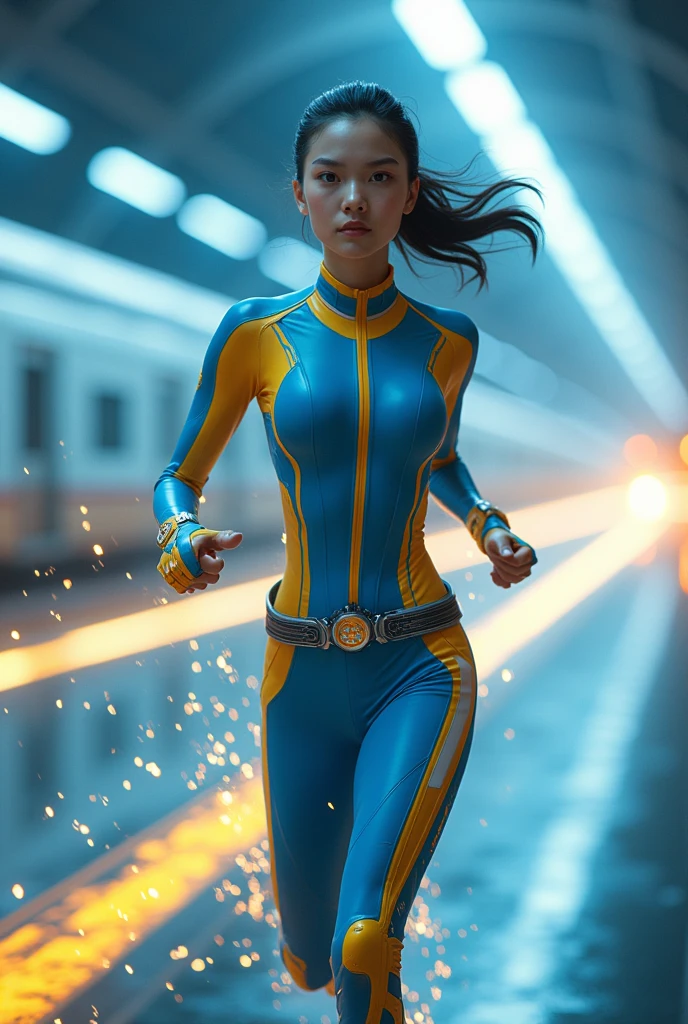 Chinese japan women average age wear jumpsuit high tech(( blue yellow)) age 15. high tech belt. ))Running effect. flat chest. Glowing yellow power.((wear jacket blue))short girl. Runfast effect. saggy breast open zip.. Wear blue big glasses big frame.running speed of light . latex suit. big tight. running athlete.pontytail hair. Braces teeth. train rail .Bokeh background. Panning effect. Yellow high tech watch. a beautiful young chinese women, , wearing a high-tech blue and yellow very tight jumpsuit. wear jacket bomber jacket blue yellow, venus body type.. unning with style pose . ,floating water pallet, photorealistic.(( fast train effect))detailed facial features, long hair, elegant pose, dynamic lighting. glowing body yellow lightning effect, 8k, award-winning digital art, intricate details, vibrant colors, cinematic composition. very fasr run, highly detailed. light trail effect. speed of light. froze time effect. at the city.run water . spash water. the girl run fast on wet road. background speed of light((.knee cover ))