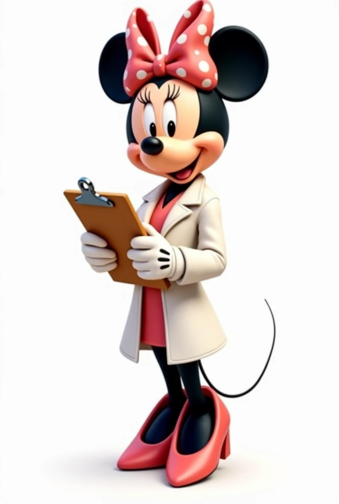 create a disney minnie wearing a white coat holding a clipboard, com o fundo branco

