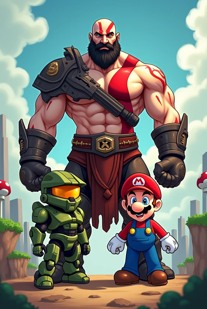 kratos, master chief and mario cartoon version cover