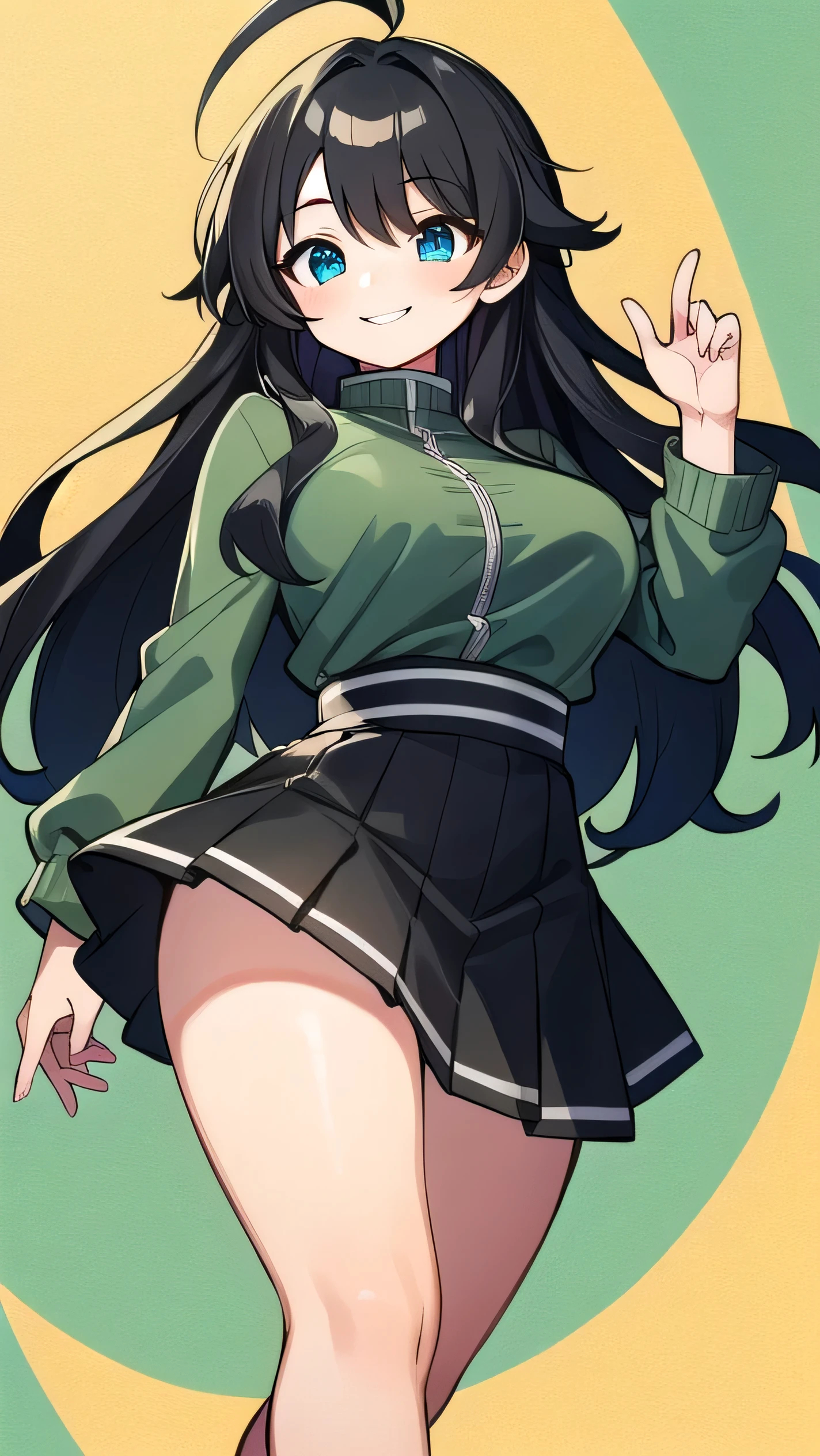 Junior high school student who looks like an elementary school student, , very short, 140 cm tall, black hair with a slight green tinge, short ahoge, beautiful long hair but with a little hair sticking out, beautiful round eyes, blue eyes, smile, boyish, long sleeves, Thick clothes, skirt, big breasts, hair longer than waist, long hair, childish face, gentle smile, a little shy, black skirt, black hair with a slight green tinge, boyish, gentle smile, jacket one size larger, ( Deep greenish black hair: 1.3)