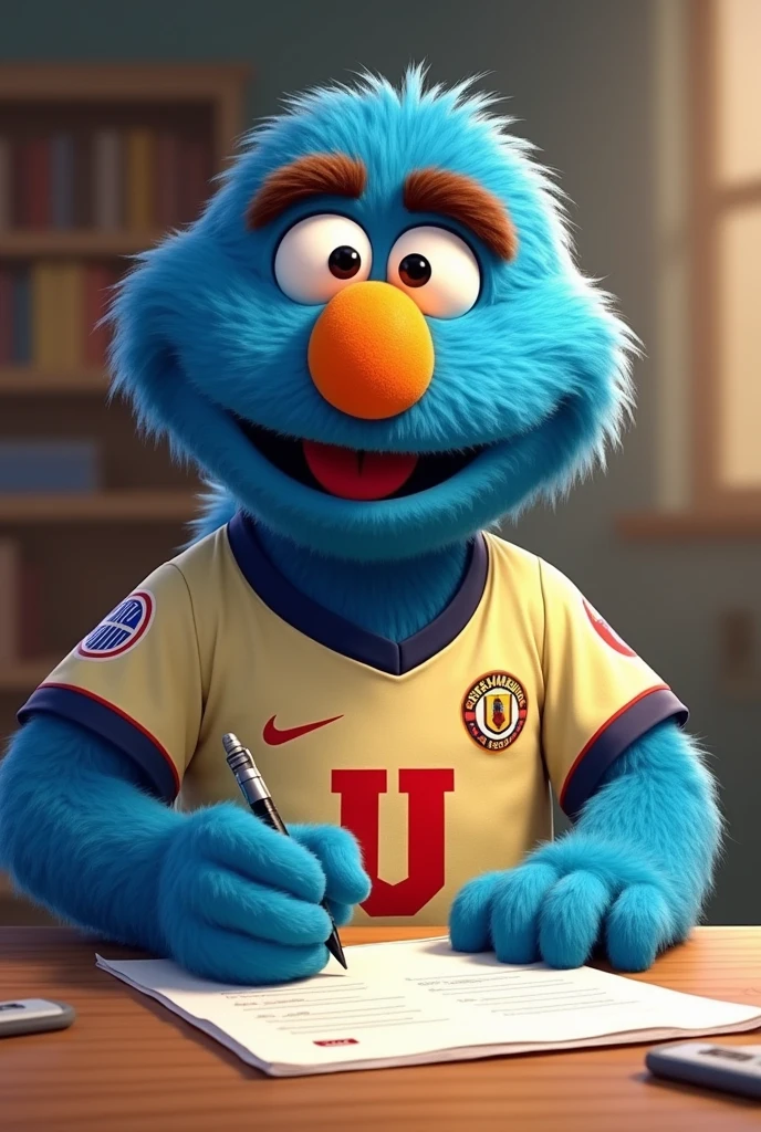 a cheerful blue Sesame Street character, Pancho Contreras, with yellow eyes with black pupils, an egg-colored nose, brown eyebrows, wearing a cream-colored soccer jersey with a cherry-colored U, signing a contract.