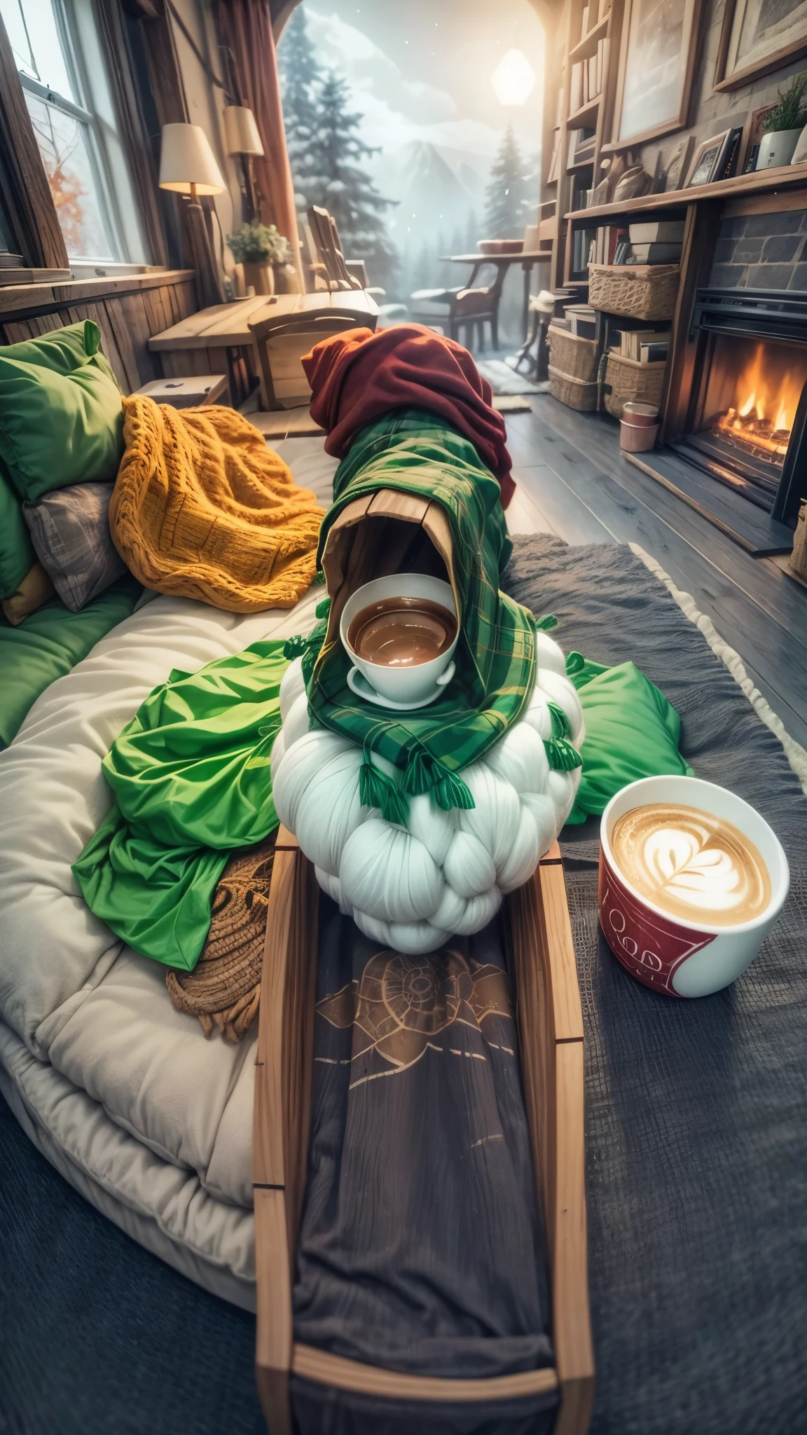 a cozy hobbit room in autumn, cozy autumn cloudy, interior with fireplace, there's a cozy bookshelf full of books, a cozy coffee can and a coffee cup, a pile of firewood