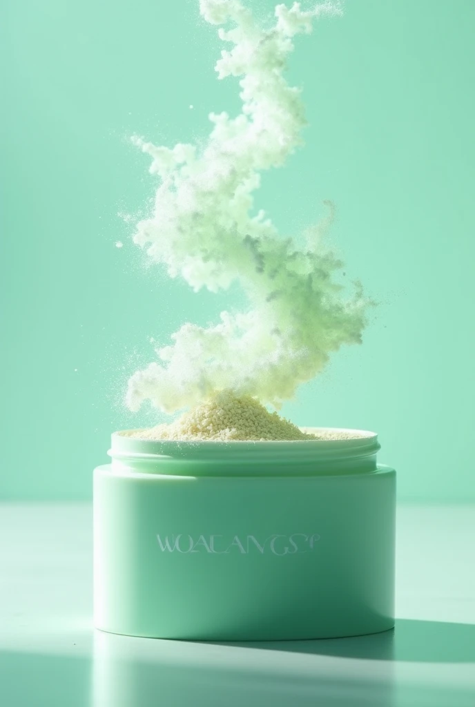 A photo of loose makeup powder, for a brand called Walancy, in water green packaging