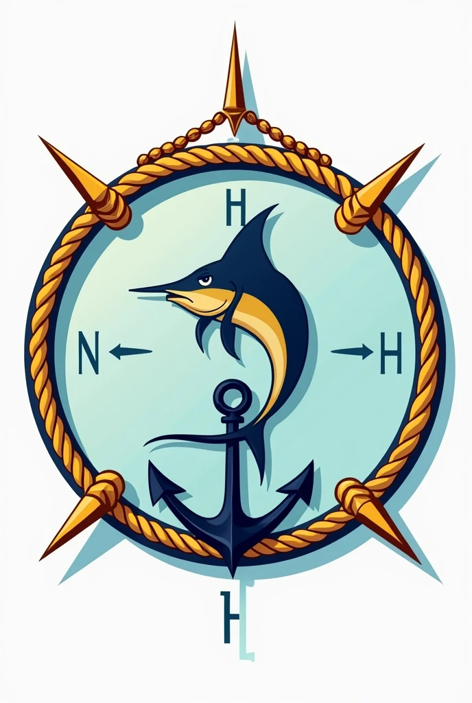 Make a circular shield with a sailfish in the center with an anchor at the bottom and the 4 cardinal points in the background. The outline of the shield has to be a yellow rope with a chain at the top. The anchor does not have to come out of the shield. And the 4 cardinal points must be noticeable. The design should be simple and not realistic or in 3D.