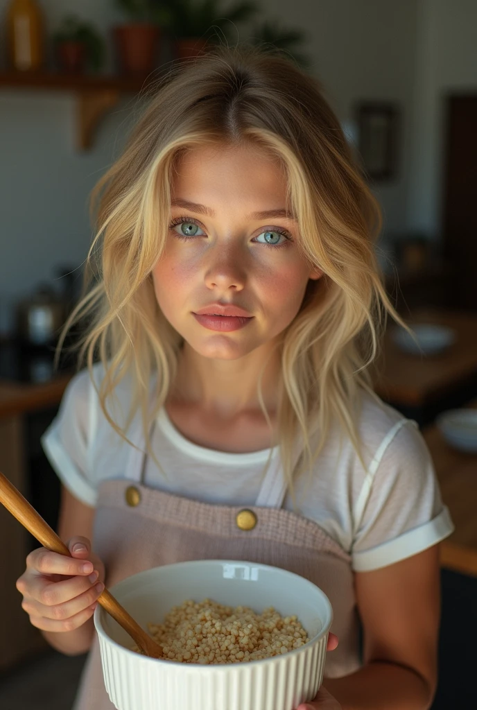beautiFul European girl with yeux bleus and blonde hair, entrain de cuisiner, ultra haute résolution, (Fotorrealista: 1.4), haute résolution , (Finely détaillé skin), (yeux bleus), (perFect proportions) (photos réalistes) (chef-d'œuvre) (Fotorrealista), Ultraréaliste (Meilleure qualité) (détaillé) Photographié avec un Canon EOS R5, objectif 50 mm, F/2.8, (8k) (fond d'écran) (Éclairage cinématographique) (Éclairage dramatique) (Complexe) Fashion