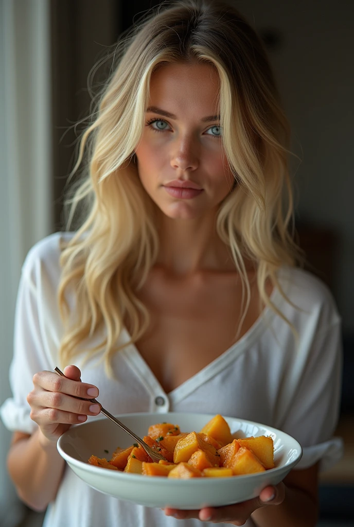 beautiFul European girl with yeux bleus and blonde hair, entrain de cuisiner, ultra haute résolution, (Fotorrealista: 1.4), haute résolution , (Finely détaillé skin), (yeux bleus), (perFect proportions) (photos réalistes) (chef-d'œuvre) (Fotorrealista), Ultraréaliste (Meilleure qualité) (détaillé) Photographié avec un Canon EOS R5, objectif 50 mm, F/2.8, (8k) (fond d'écran) (Éclairage cinématographique) (Éclairage dramatique) (Complexe) Fashion