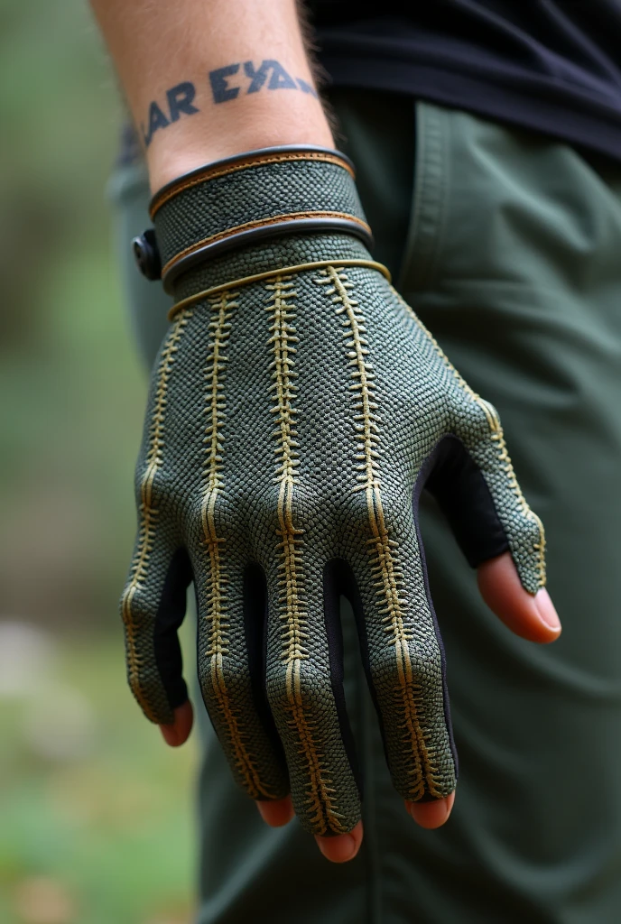 a glove inspired by the lizard's paw, show a division in the middle of the finger where there will be keratin hairs on each finger
