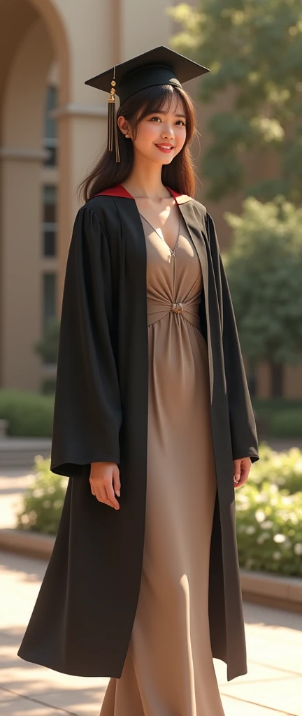 student female in graduation dress and gown,