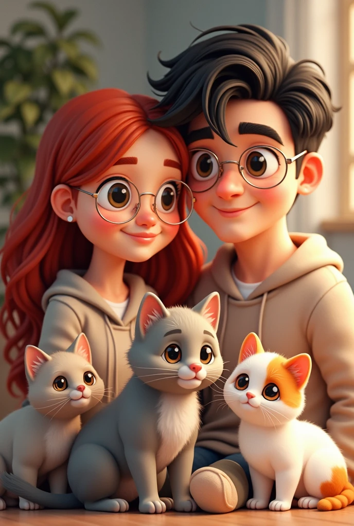 Redhead girl, without pompadour, with gold glasses, with her dark brown-haired boyfriend with very thick eyebrows and silver-colored glasses, with his medium-sized, almost white beige dog, your baby gray cat, your white baby cat with orange spots on tail and head, and his other bigger cat with lots of hair, White with amber spots on head and tail, her amber eyes