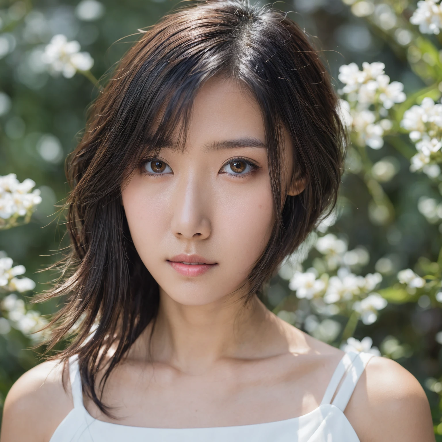 Yui, photo of female, age 15 year, black shoulder length hair with brown highlights; (dslr, ultra quality, film grain, Fujifilm XT3, crystal clear, 8K UHD, highly detailed glossy eyes, high detailed skin, skin pores), wear white dress