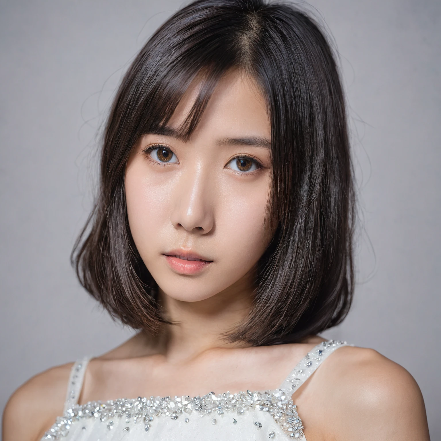 Yui, photo of female, age 15 year, black shoulder length hair with brown highlights; (dslr, ultra quality, film grain, Fujifilm XT3, crystal clear, 8K UHD, highly detailed glossy eyes, high detailed skin, skin pores), wear white dress