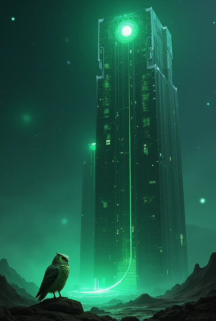 In the limitless expanse of deep space, a colossal server building stands majestically on the right side of the image. Its metallic surface shines under the ethereal glow of distant stars, it has multiple portals between different realities. Added to this is a green astronaut owl at the bottom, all with a technological aesthetic.