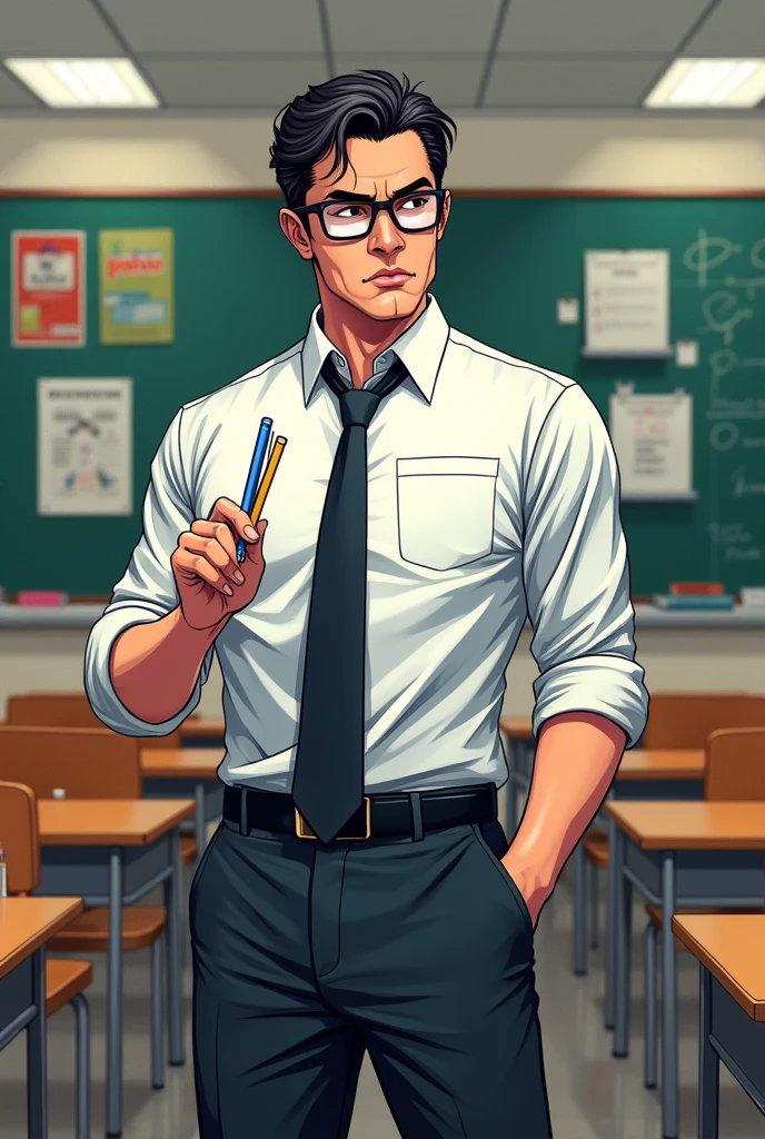 Image comic version hentai of a male teacher in a classroom has markers in his hand wears glasses is Colombian