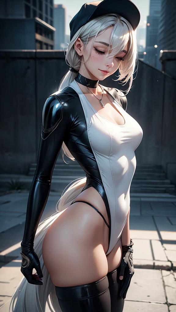Pose: masterpiece, best quality, 4k, UHD, mishoujo, beautiful purple eye and detailed face, illustration, beautiful detailed, high resolution illustration, glowing_white_particles, 1girl caught in a moment of laughter, with her head slightly tilted back and a genuine smile. Her body can be slightly turned or leaning forward, emphasizing the natural, candid nature of the pose.
Expression: Serene and confident, with closed eyes or a soft, content smile that conveys a sense of peace and elegance.
Attire: Elegant and form-fitting attire such as a flowing black and grey sleek bodysuit cyberpunk, techwear that complements the graceful lines of the pose.
Hair: Styled to enhance the pose, white hair, hair over one eye, short side tail, baseball cap to keep the focus on the arch.
Makeup: Subtle and glowing, with a focus on enhancing her natural beauty, adding a touch of glamour to the image.
Background: A minimalist or luxurious setting such as a serene cyberpunk city background that enhances the elegance of the pose.
Lighting: Soft, directional lighting that casts gentle shadows and highlights the curves of her body, creating depth and dimension.
Accessories: Minimal and tasteful, such as a delicate necklace, a bracelet adding a touch of sophistication without detracting from the pose.
Mood: Elegant, serene, and sensuous.