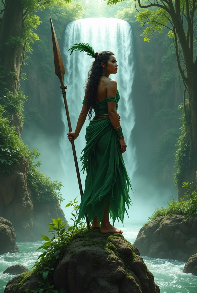 A cabocla wearing green with a feather on her head and holding a spear, at a forest, on top of a small rock looking at a waterfall 