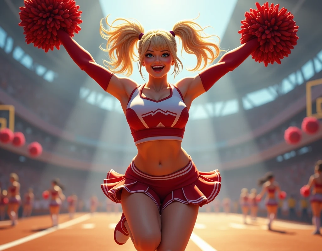 Curvy busty cheerleader, blonde twintails, cheerleader sweater uniform, massive breasts, pom poms raised, jumping with spread legs