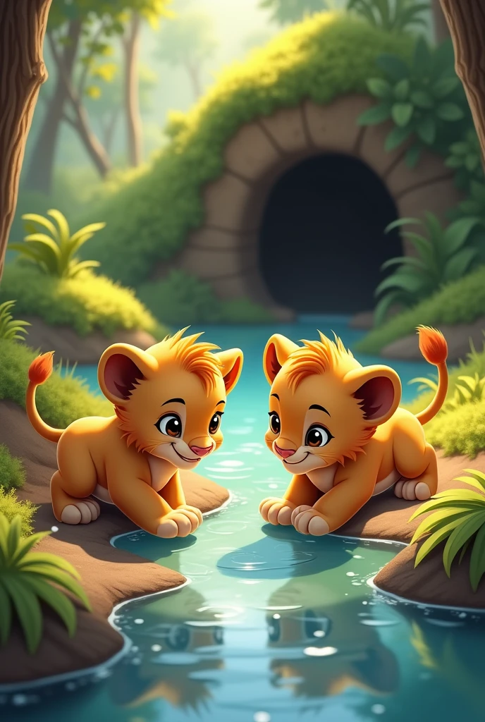 Wijji and Elli the baby Lions discovering a clear, sparkling stream flowing gently near their cozy den.
