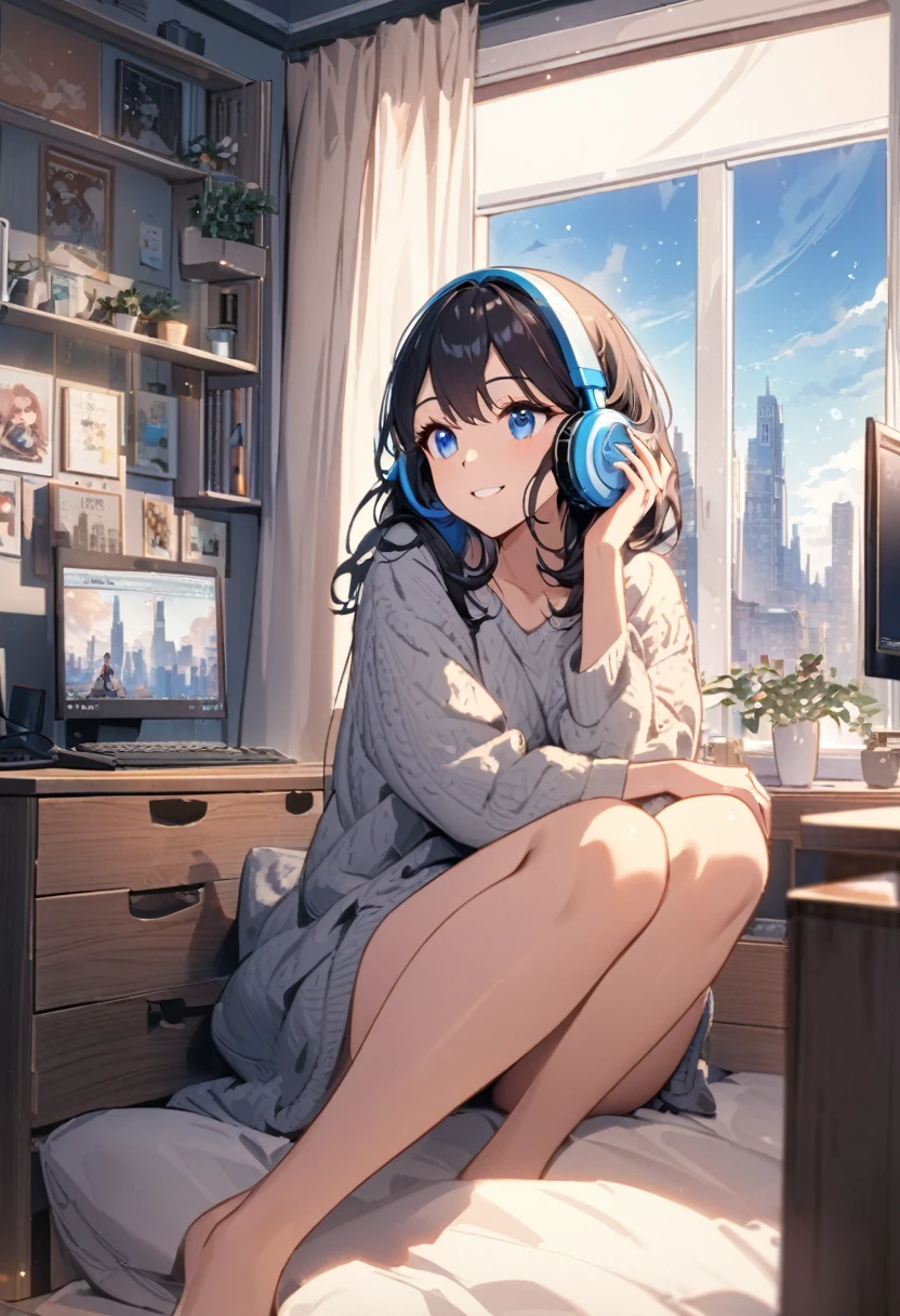 Beautiful woman, alone, A gentle smile on her face, Black Hair, blue eyes, Beautiful legs, underwear, Beautiful depiction,A woman sitting in front of a computer in a cozy bedroom, A woman listening to music in a cozy room. (noon), Use headphones, (beautiful noon views from windows), city,Very detailed
