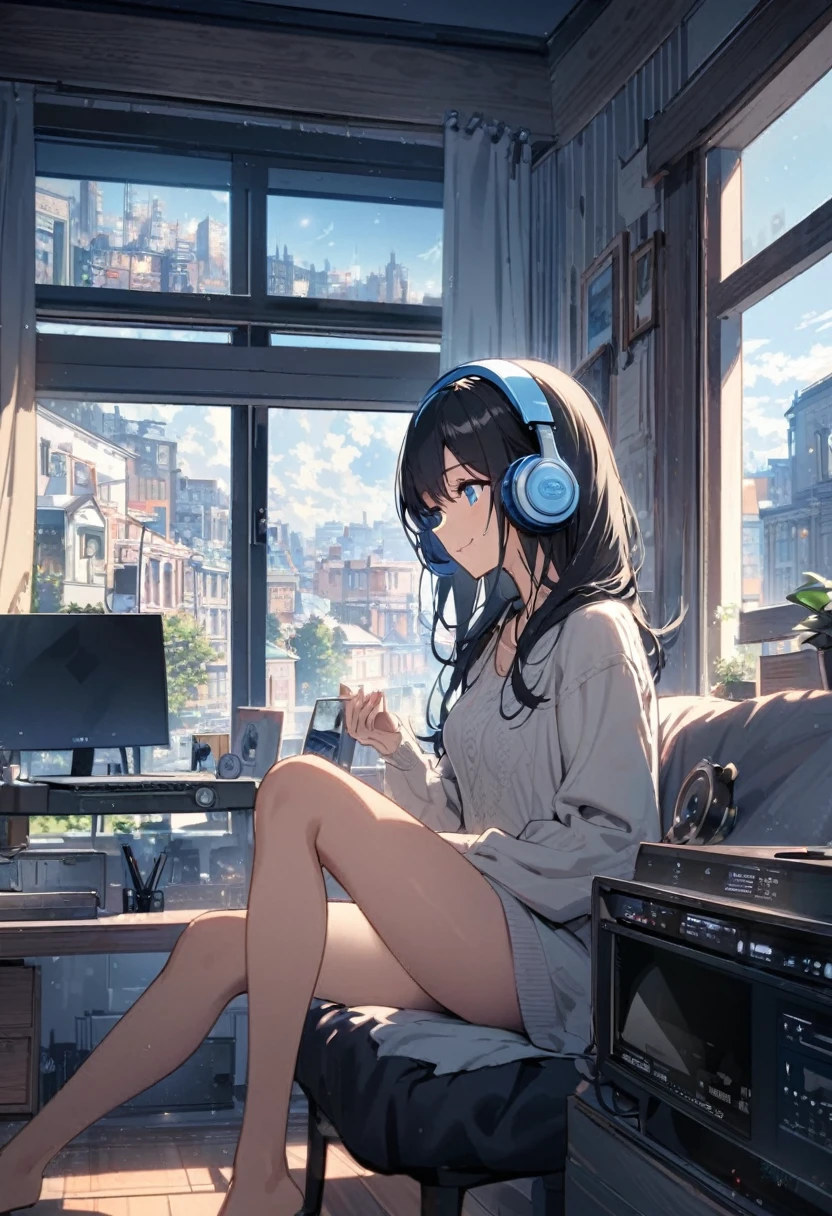 Beautiful woman, alone, A gentle smile on her face, Black Hair, blue eyes, Beautiful legs, underwear, Beautiful depiction,A woman sitting in front of a computer in a cozy bedroom, A woman listening to music in a cozy room. (noon), Use headphones, (beautiful noon views from windows), city,Very detailed