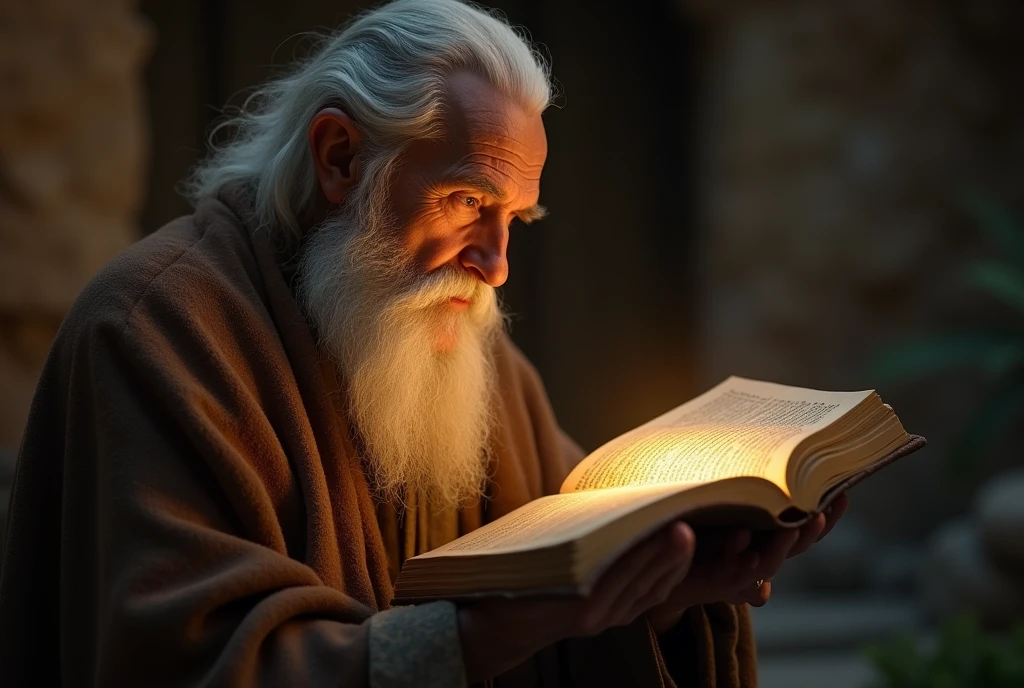 On the left side of the picture is an old man holding the luminous bible in his hands, (Biblical times) depth of field, Bokeh, Realism, Photorealistic, hyper-realism, professional photography, 8k hd , DSLR, HDR , master piece, best quality, grained film, Photorealistic painting, Fujifilm XT3