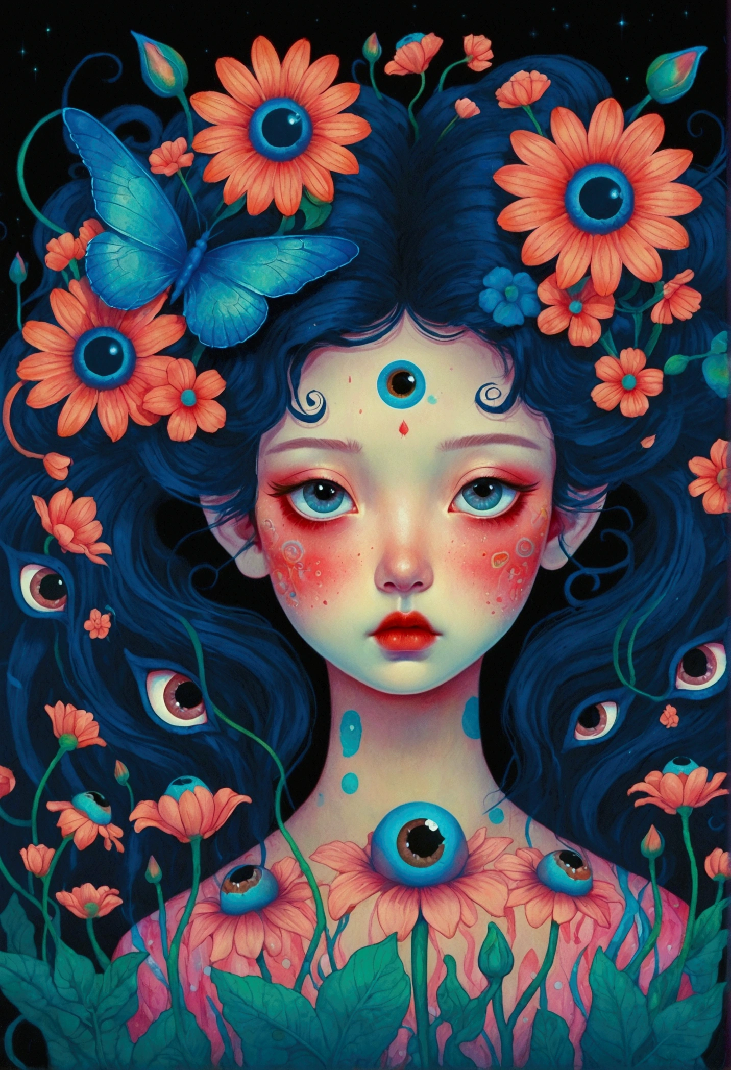 A poster，There is a flower，There are big eyes on it，Surrounded by flowers, Digital art inspired by Marco Mazzoni, Winner of the Behance competition, Psychedelic Art, Psychedelic illustration, beeple 和 james jean, Surrealism psychedelic design, psychedelic Surrealism art, Surrealism + Very detailed, Surrealism design, Psychedelic cosmic horror, beeple 和 jeremiah ketner, Complex artwork. Neon eyes