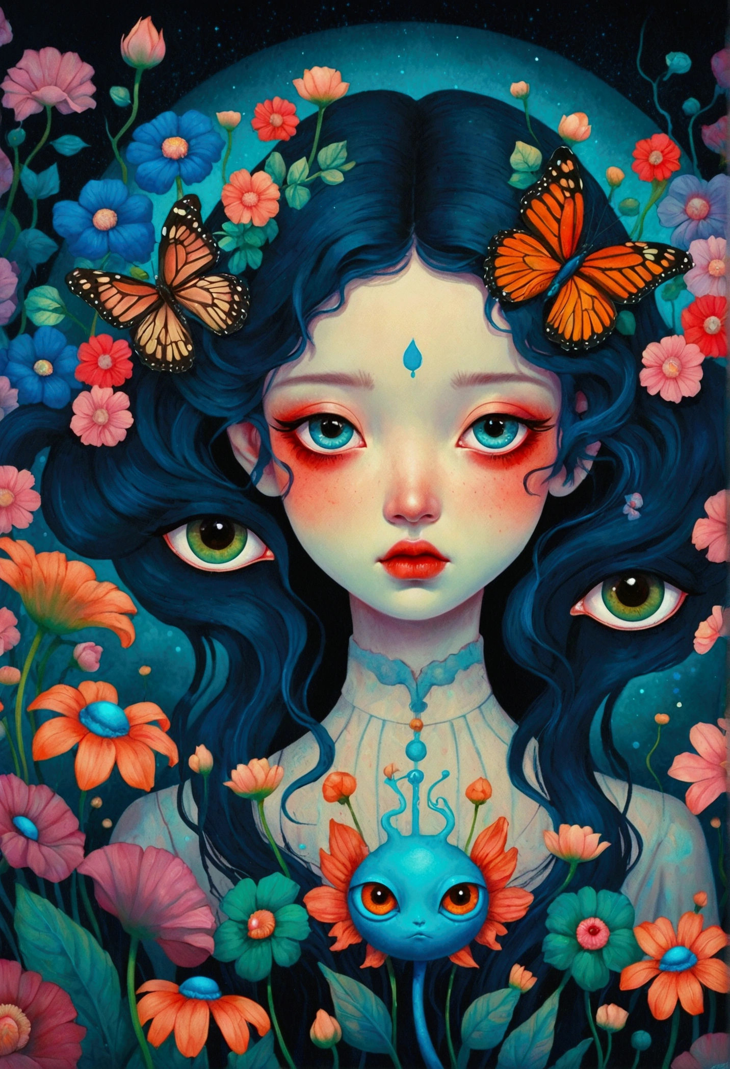 A poster，There is a flower，There are big eyes on it，Surrounded by flowers, Digital art inspired by Marco Mazzoni, Winner of the Behance competition, Psychedelic Art, Psychedelic illustration, beeple 和 james jean, Surrealism psychedelic design, psychedelic Surrealism art, Surrealism + Very detailed, Surrealism design, Psychedelic cosmic horror, beeple 和 jeremiah ketner, Complex artwork. Neon eyes