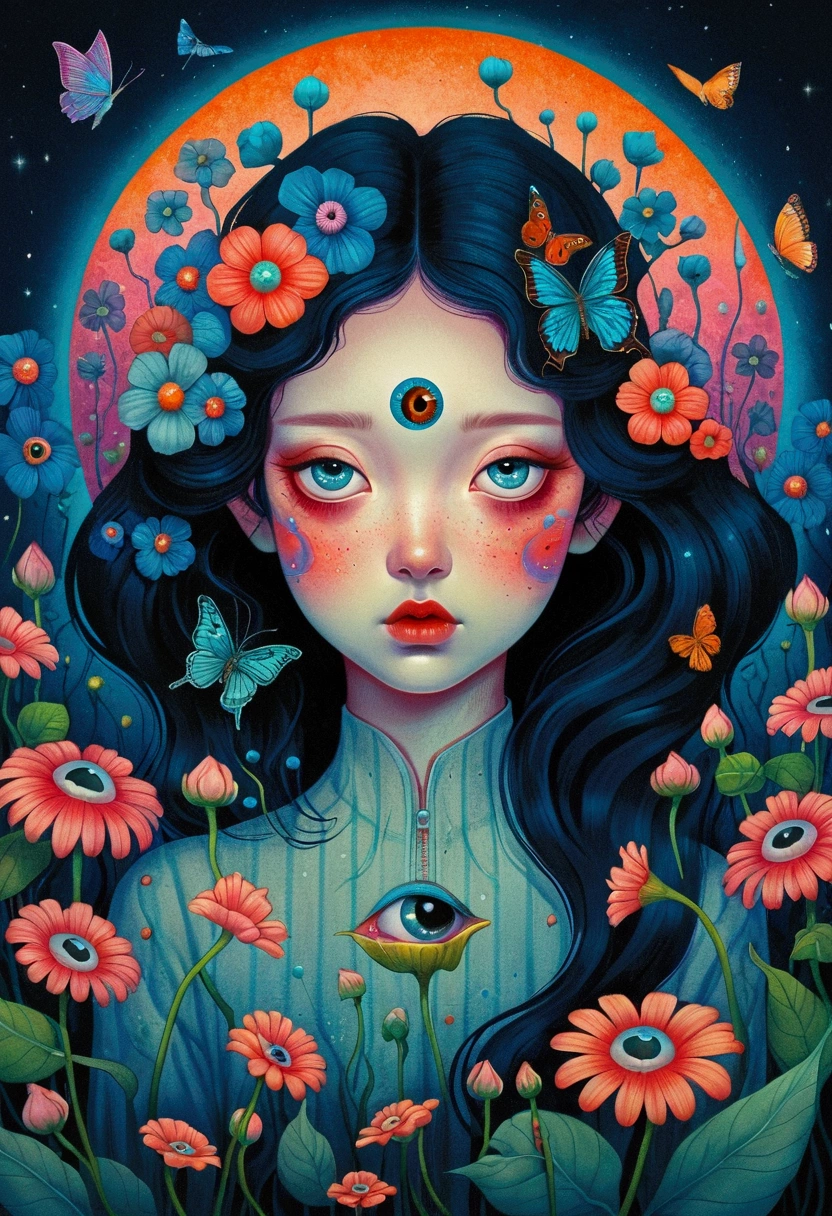 A poster，There is a flower，There are big eyes on it，Surrounded by flowers, Digital art inspired by Marco Mazzoni, Winner of the Behance competition, Psychedelic Art, Psychedelic illustration, beeple 和 james jean, Surrealism psychedelic design, psychedelic Surrealism art, Surrealism + Very detailed, Surrealism design, Psychedelic cosmic horror, beeple 和 jeremiah ketner, Complex artwork. Neon eyes