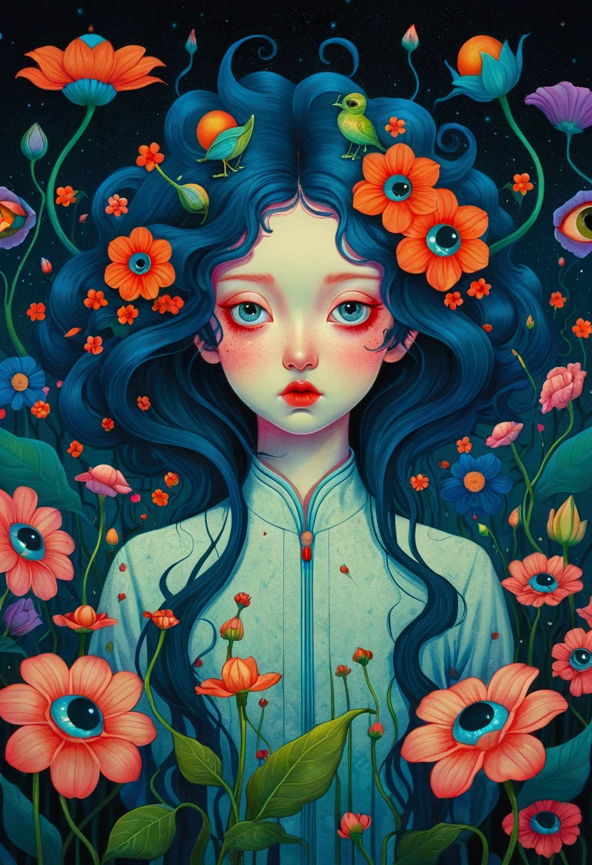 A poster，There is a flower，There are big eyes on it，Surrounded by flowers, Digital art inspired by Marco Mazzoni, Winner of the Behance competition, Psychedelic Art, Psychedelic illustration, beeple 和 james jean, Surrealism psychedelic design, psychedelic Surrealism art, Surrealism + Very detailed, Surrealism design, Psychedelic cosmic horror, beeple 和 jeremiah ketner, Complex artwork. Neon eyes