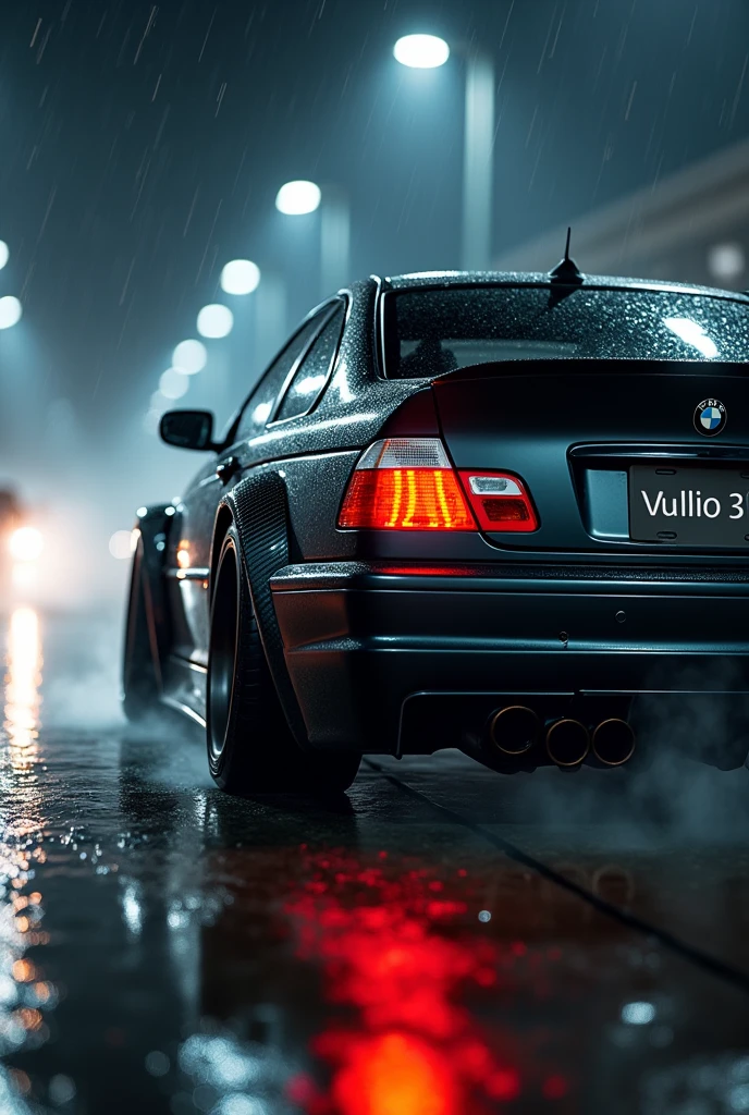 A close-up shot of an old BMW M3 GTR E46 drifting sideways, leaving a trail of smoke and sparks on a rainy night rear view and showing full car matte black color with carbon fiber hood and spoiler