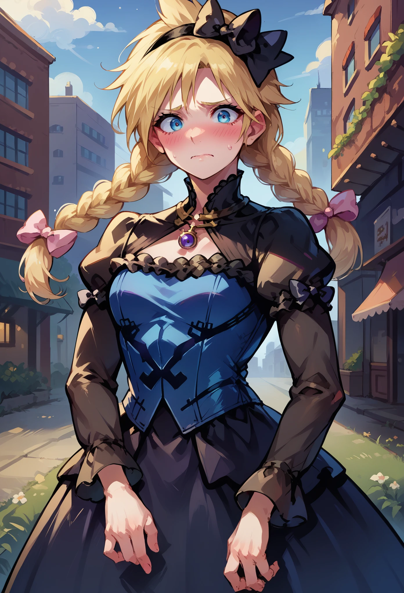 score_9, score_8_up, score_7_up, source_anime, 1girl, solo, female focus, female body, dressCloud, crossdressing, blonde hair, twin braids, hair bow, frilled dress, black dress, puffy sleeves, long sleeves, long dress ,standing, nervous, blushing,looking at you, metallic city, dark sky, night,