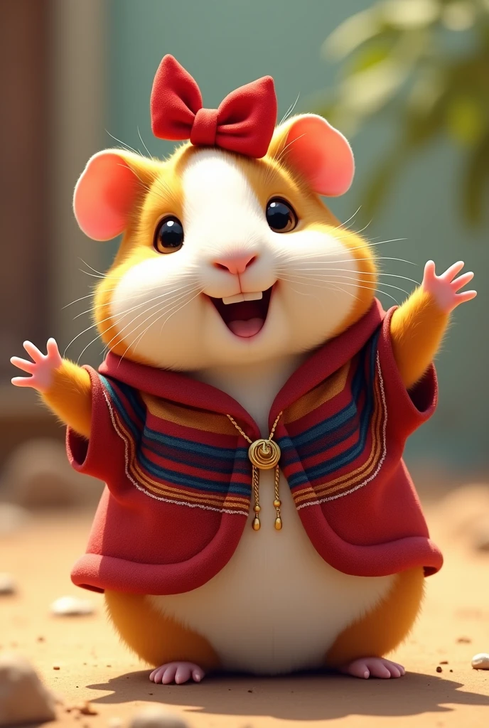 Happy female guinea pig with a Peruvian poncho With a small red bow on her head With her hands extended, one above and the other below