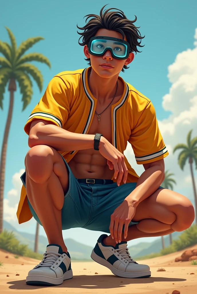 Mexican 20 year old man wearing open baseball jersey safety goggles and denim short shorts kneeling