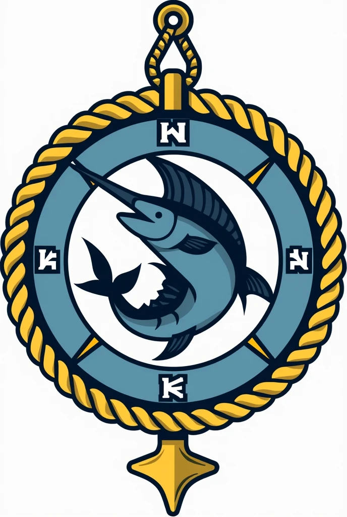 Make a circular shield with a sailfish in the center with an anchor at the bottom and the 4 cardinal points in the background. The outline of the shield has to be a yellow rope with a chain at the top. The anchor does not have to come out of the shield. The design should be simple and not realistic or in 3D. 