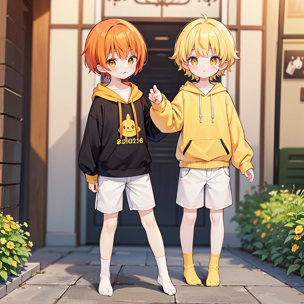 anime boy, short boy, , orange hair, yellow eyes small, cute, short hair, boy, small, long sleeve, hair with bangs
1boy,, white skin, yellow eyes, orange hair, ginger hair, cute, big eyes, white oversized hoodie, child, child male shorts, yellow socks, toddler