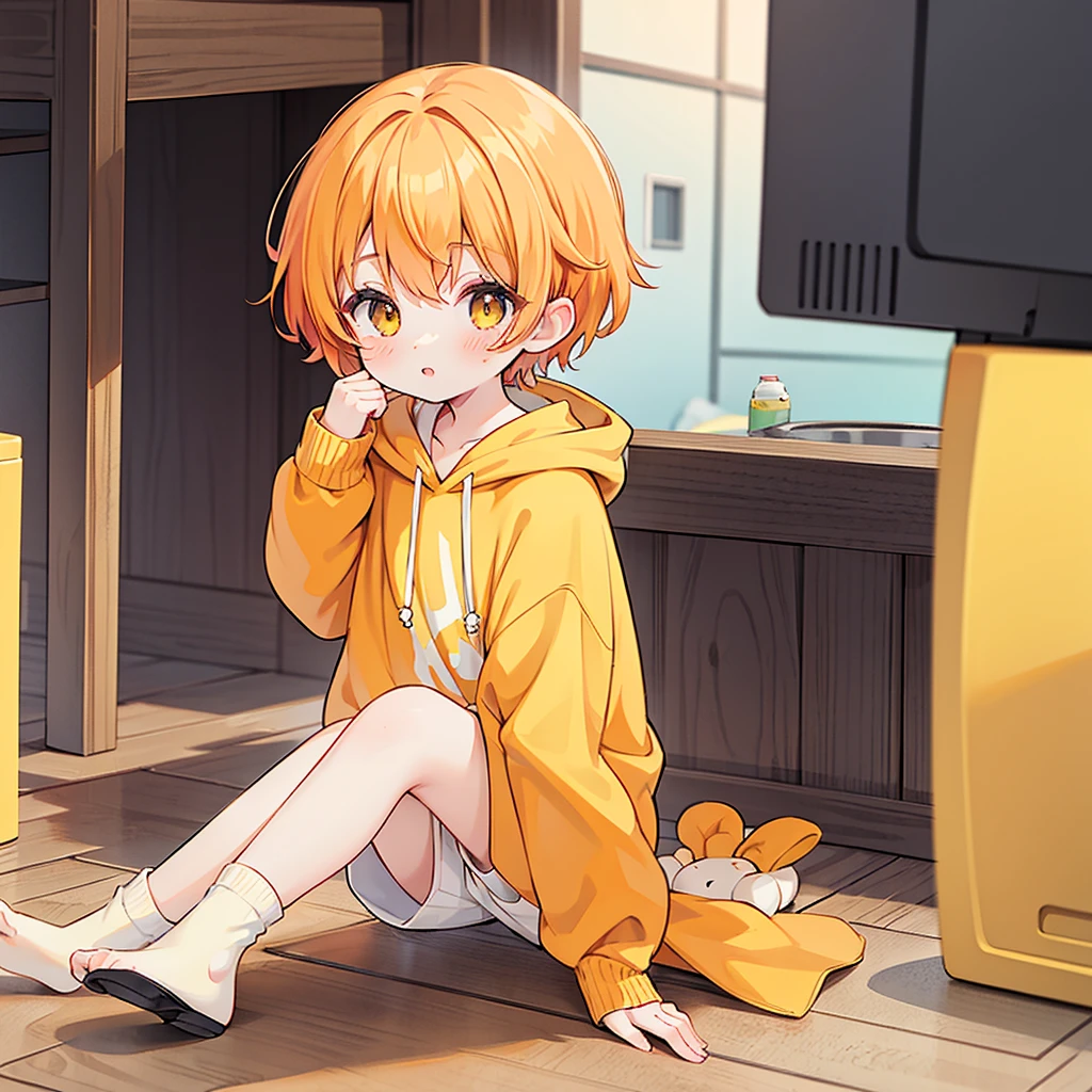anime boy, short boy, , orange hair, yellow eyes small, cute, short hair, boy, small, long sleeve, hair with bangs
1boy,, white skin, yellow eyes, orange hair, ginger hair, cute, big eyes, white oversized hoodie, child, child male shorts, yellow socks, toddler