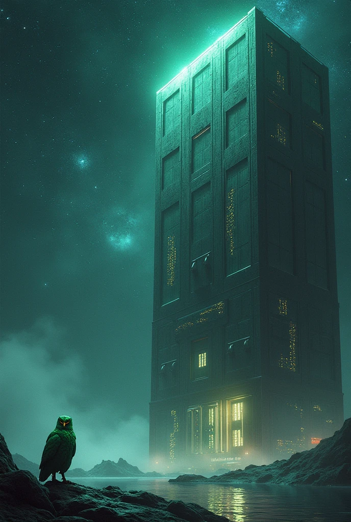 In the limitless expanse of deep space, a colossal server building stands majestically on the right side of the image. Its metallic surface shines under the ethereal glow of distant stars, it has multiple portals between different realities. Added to this is a green astronaut owl at the bottom, all with a technological aesthetic.