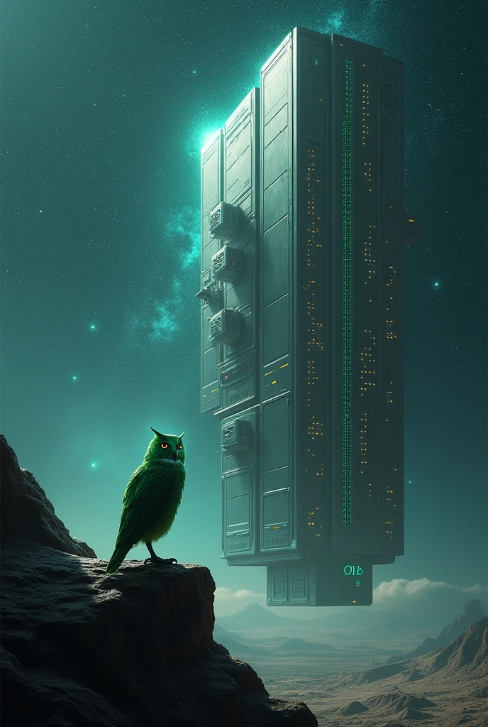 In the limitless expanse of deep space, a colossal server building stands majestically on the right side of the image. Its metallic surface shines under the ethereal glow of distant stars, it has multiple portals between different realities. Added to this is a green astronaut owl at the bottom, all with a technological aesthetic.