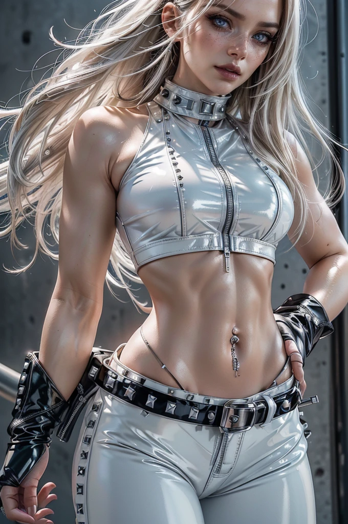 cowboy shot,a pretty 2 girl,blond hair,blue eyes,lora_Emma,slim athletic body,thin waist,(shiny ultra glossy white latex crop top),bare shoulders,(shiny ultra glossy white latex pants with multiple zippers),((((long navel piercing)))),white studded collar,empty studio,((studded white belts)),long fingerless white latex gloves,(best quality,4k,8k,highres,masterpiece:1.2),ultra-detailed,(realistic,photorealistic,photo-realistic:1.37),dramatic lighting,cinematic,fashion photography,studio lighting,high contrast,vivid colors,beautiful detailed eyes,beautiful detailed lips,extremely detailed eyes and face,long eyelashes, hair on one side, touching hair