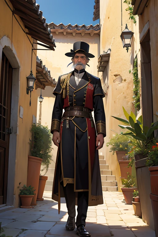 long shot of an old miser and Andalusian bandolero in an Andalusian patio at the beginning of the 19th century