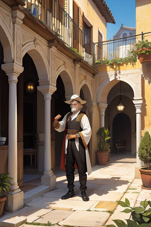 long shot of an old miser and Andalusian bandolero in an Andalusian patio at the beginning of the 19th century